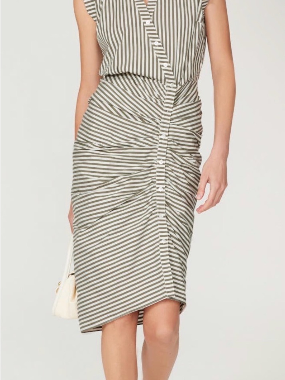 Veronica Beard Olive and White Striped Ruched Midi Skirt